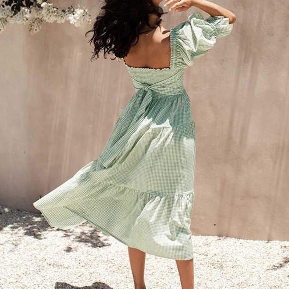 Shirred smocked bodice Midi Dress plaid green - Picture 2 of 9